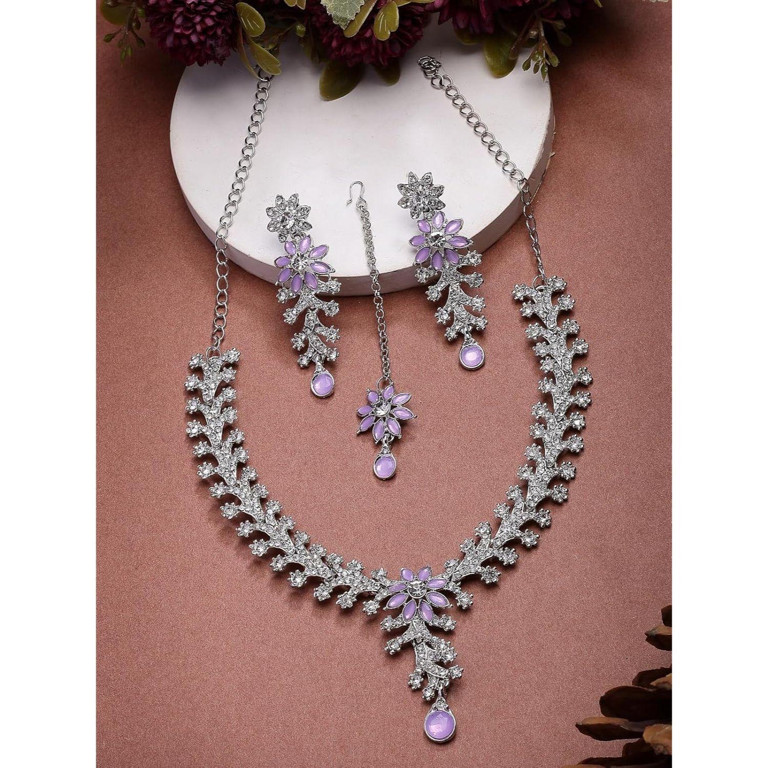 

Charming AD Diamonds Studded Floral Choker Necklace with Danlge Earrings Maangtikka Jewellery Set for Women & Girls