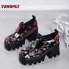 Spring and Autumn New Fashion Retro Printed Small Leather Shoes Women's Comfortable Versatile Thick Sole Thick Heels Shoes Mujer