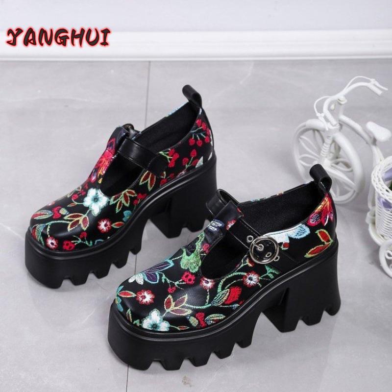 Spring and Autumn New Fashion Retro Printed Small Leather Shoes Women's Comfortable Versatile Thick Sole Thick Heels Shoes Mujer