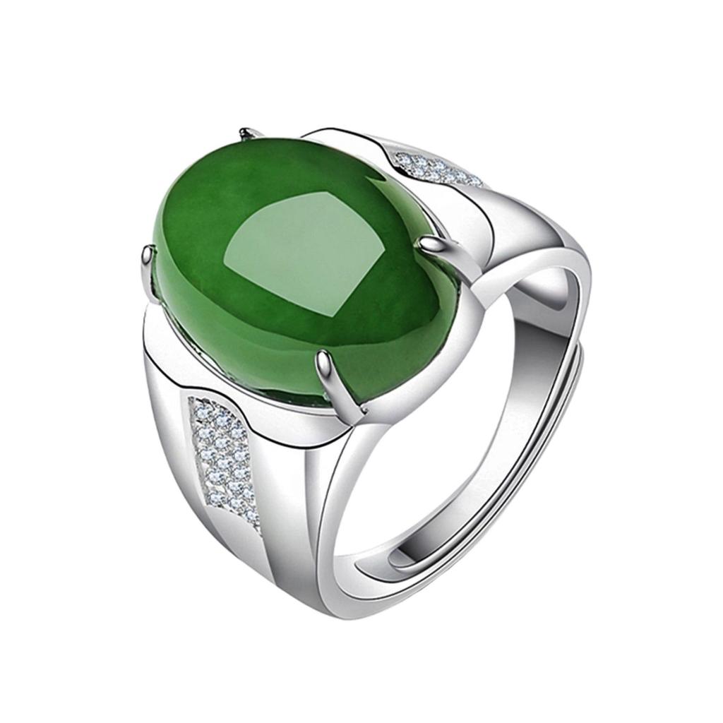 Groene Jade Chalcedoon Eivormige Baas Ring met Fijne Textuur