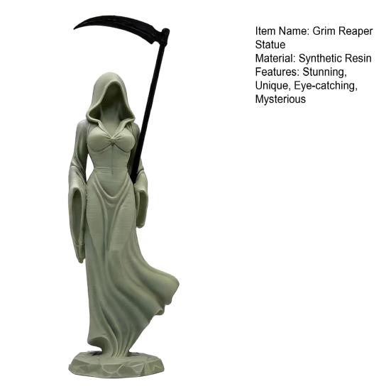 Figurina Gotica Falciatore con Falce da Tavolo Scultura Femminile Spettrale con Veste con Cappuccio per Decorazione Scaffale Scrivania Casa di Halloween