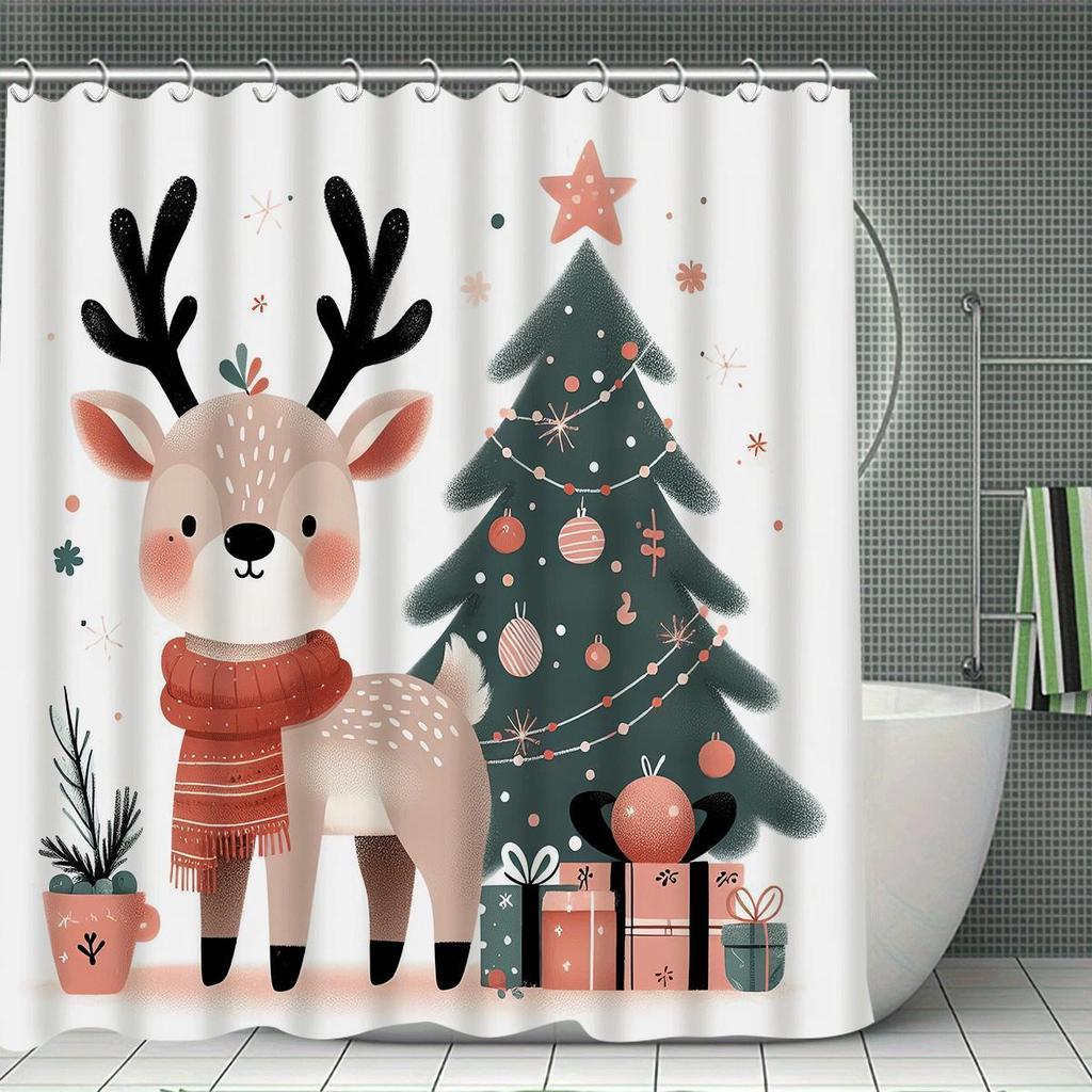 Christmas Merry Christmas 1/4pcs Winter Decoration Shower Curtain Set with 12 Hooks, Waterproof Shower Curtain, Non-Slip Bath Ma