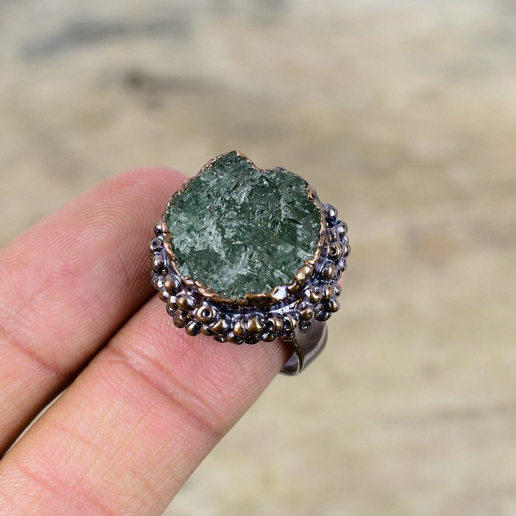 Green Tourmaline Rough Ring Electroformed Copper Adjustable Ring Gemstone Copper Jewelry Handmade Unique Ring Electroformed Jewelry For Gift