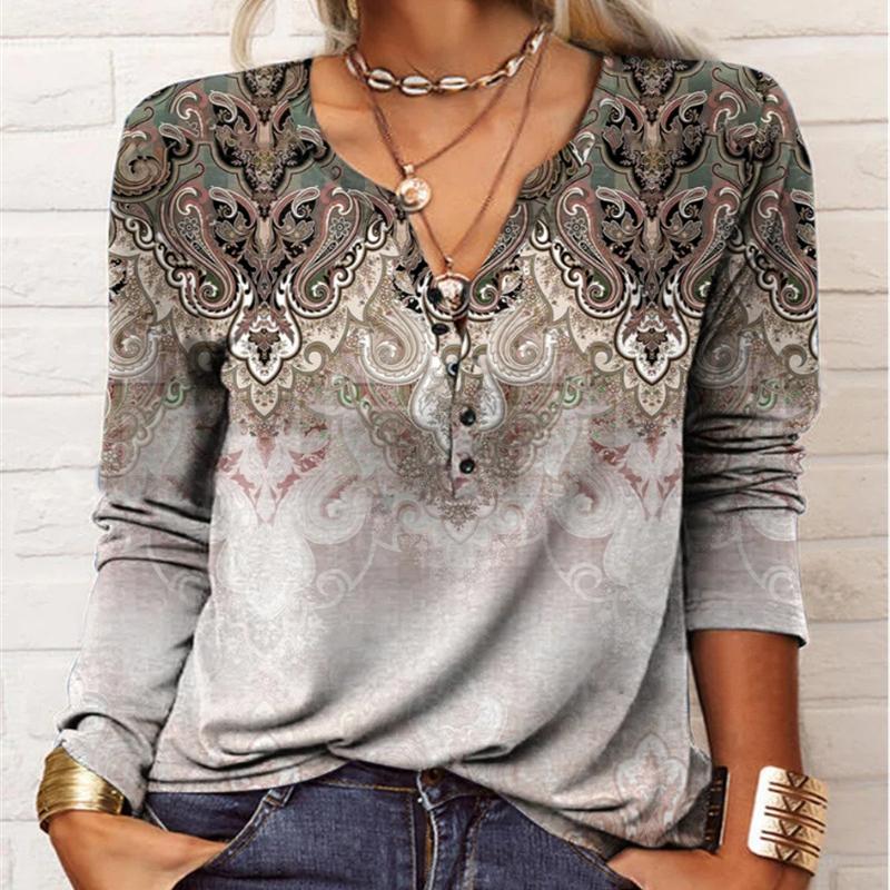 Herbstknöpfe Halboffener Kragen Ethno Bohemian Mittellang bis Lang T-Shirt Damen Langarm Übergröße Top