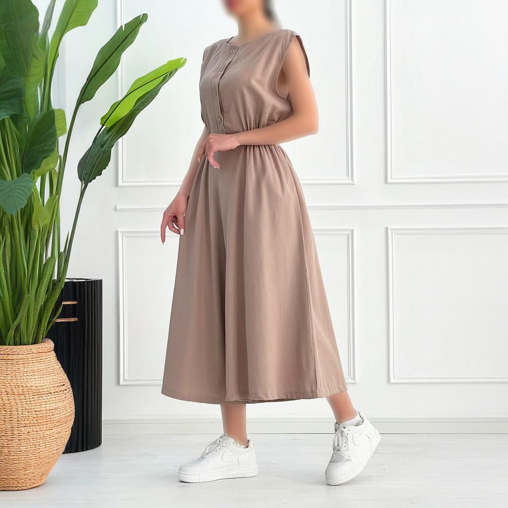 

2025 Summer European & American Sleek Slim Sleeveless Button Dress L