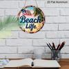 2D Flat, 1-Piece Round “Beach Life” Aluminum Hanging Sign, Patriotic USA Flag, Palm Tree, and Ocean Design, Rustic Coastal Metal Wall Decor, Perfect