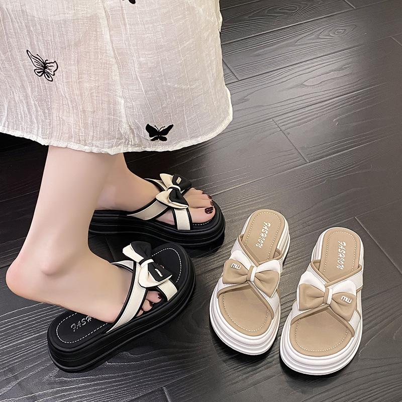 2025 summer new thick-soled trendy slippers women's fashion small fresh with skirt bow thick-soled slippers women