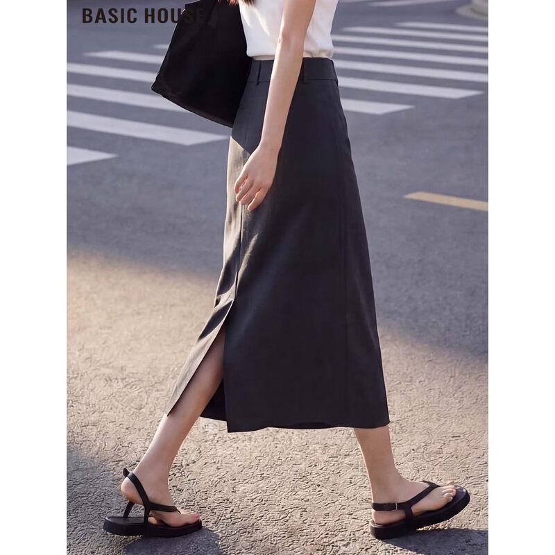Basic House Women s A-Line High-Waist Slit Skirt L