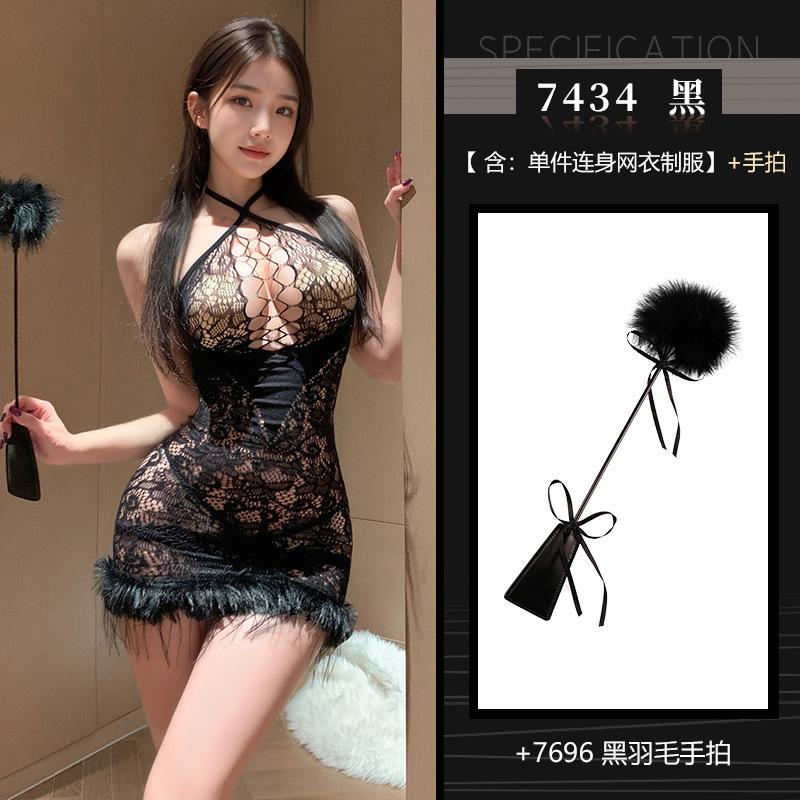 Sexy Hollow Chest Plush Perspective Seduction Sleepwear Sexy Dress Elegant Tank Mini Dress Mesh Lace Sheer Sweet Women Tops 1OW9