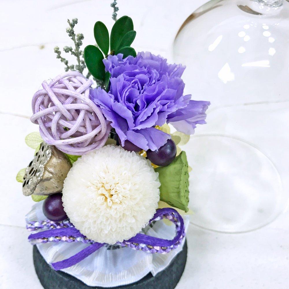 Shion Preserved Flowers In a Cork Glass Dome, Size: 7.5cm Diameter X 14cm High