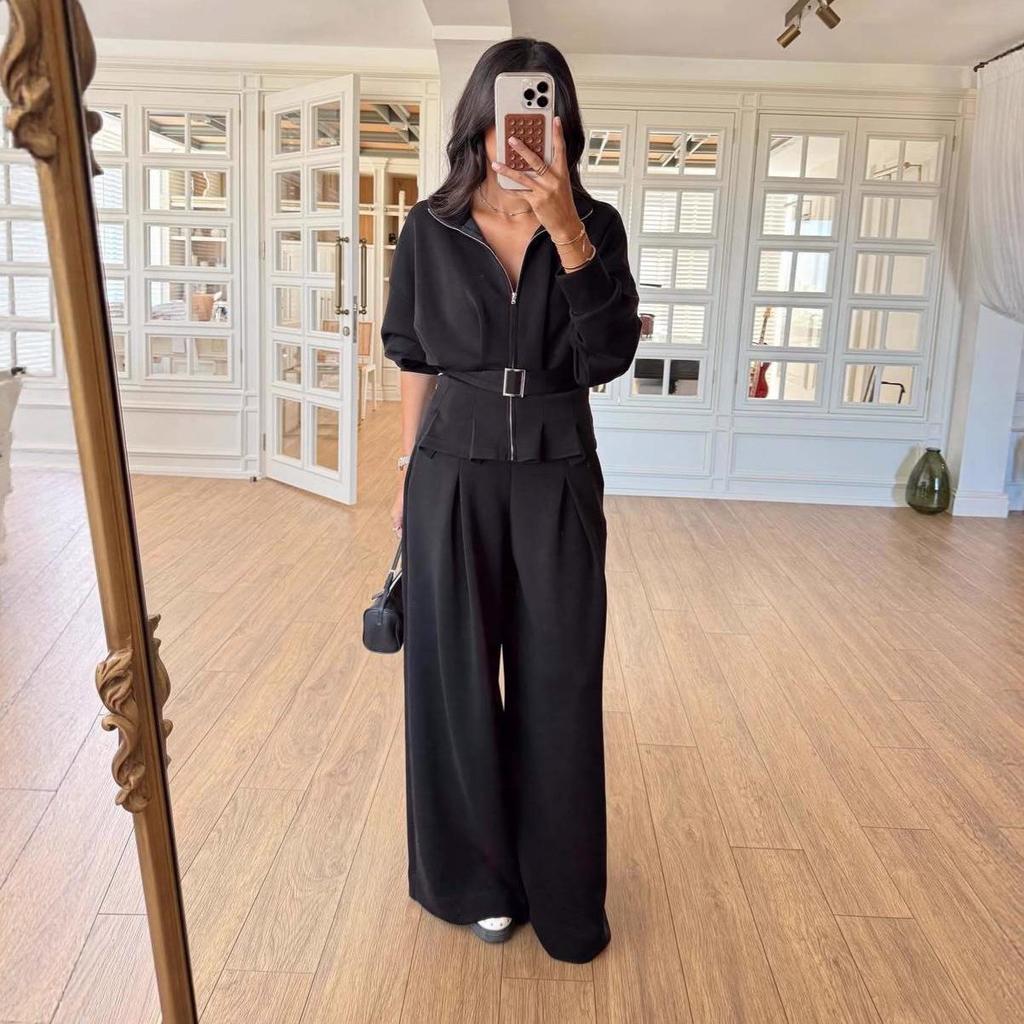 2025 Women's Zipper Long Sleeve Sports Casual Pants with Belt - Wide Leg Set