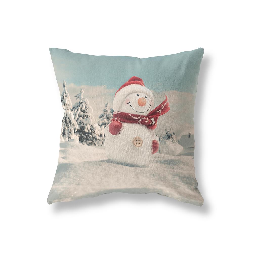 Cute Snowman Merry Christmas Print Pattern Polyester Cushion Cover Home Living Room Sofa Decoration Square Pillow Pillow Cover