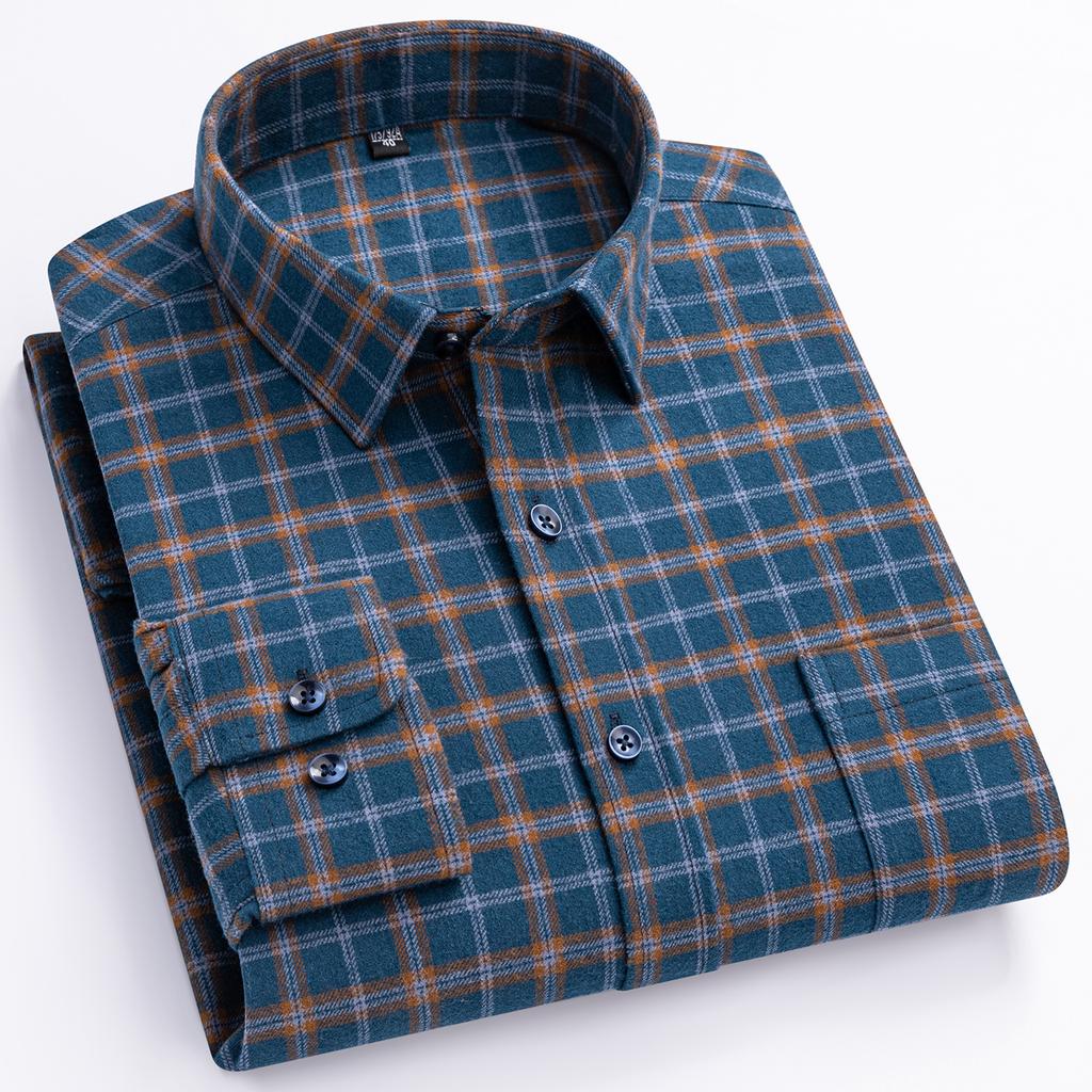 Over Size 100%cotton Brushed Plaid Long Sleeve Shirts for Men Single Pocket Casual Tops Soft Vintage Elegant Designer Clothes