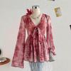 Brown Floral Print Deep V-Neck Long Sleeve Blouse with Bow and Ruffle Hem