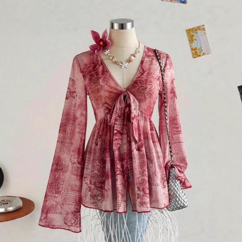 Brown Floral Print Deep V-Neck Long Sleeve Blouse with Bow and Ruffle Hem