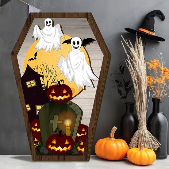 Halloween Holzgrabstein Form Tischblockschild Gruseliger Geist Kürbis Fledermaus Burgen Mehrstufiges Tablett Mittelstück für Halloween-Party Innenraumdekoration