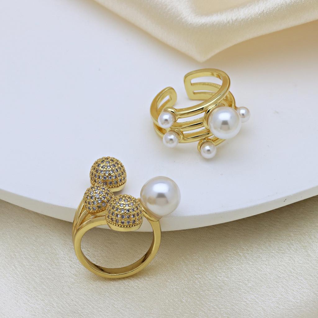 Round Ball Pearl Gold Plated Zirconium Open Ring Women'S Personality Light Luxury Premium Ring