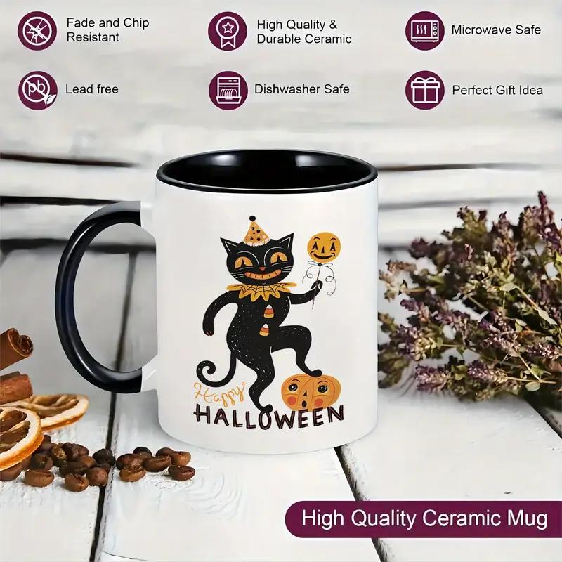 1pc 3A grade 11 oz Black Cat 2025 ceramic coffee mug for room Halloween decoration Birthday Christmas Holiday gift