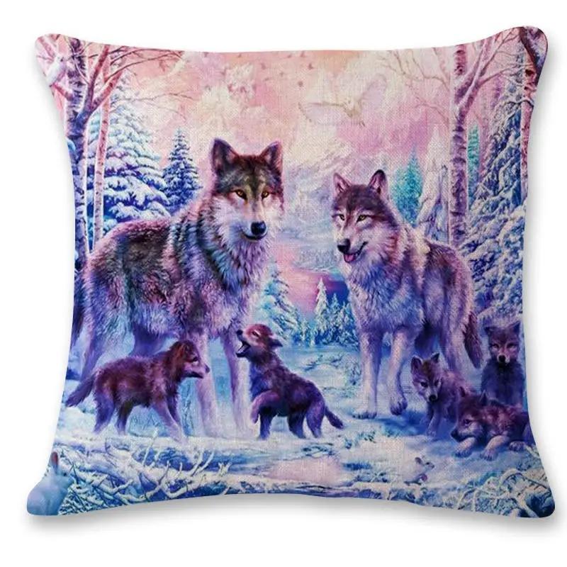 Wild Wolf Print Pillow Cover Forest  Snowy Mountain Scene Polyester Cushion Case Wildlife Themed Home Decor for Sofa  Bedroo
