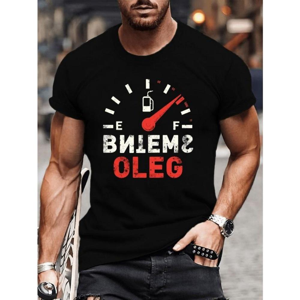 European Sizes Men S Russian Fuel Gauge Oleg Typography Graphic T-Shirt - Black with Red & White Oil Can Design, Casual Short Sleeve Summer Tee S