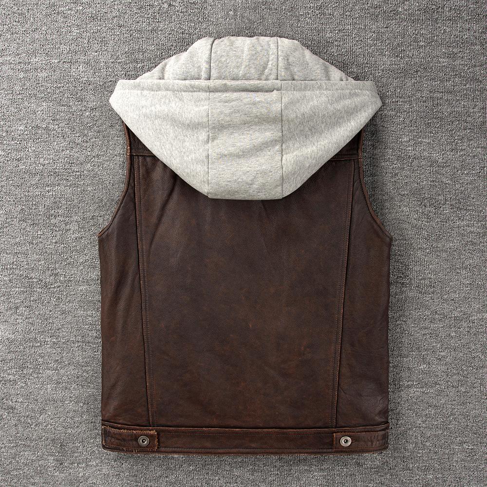 Motorcycle Vest Hood Genuine Cow Men Leather Sleeveless Jacket Biker Riding Vests Men's Genuine Leather Waistcoat Spring