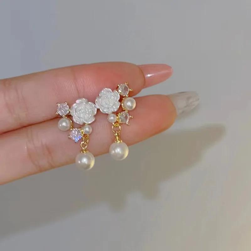 New White Camellia Zircon Pearl Drop Earrings for Women Fashionable Personalized Daily Accessory Party  Birthday Gifts