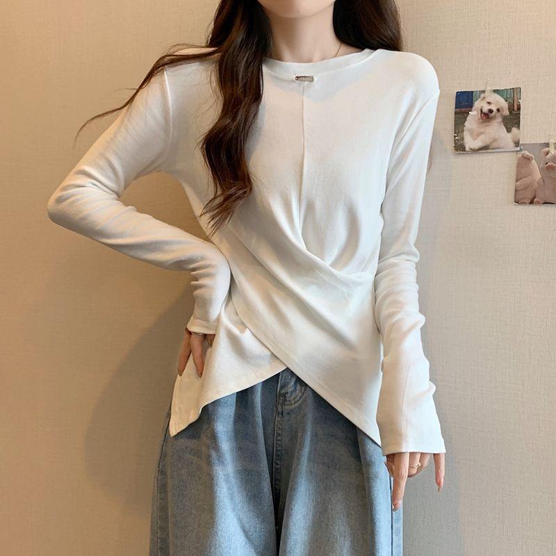 Pure Cotton Long Sleeved T-shirt Women's Oversized Spring and Autumn Bottom Shirt Korean Fashion Versatile Slimming Top