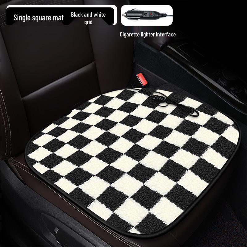 Plaid Heated Car Seat Cushion for All Seasons - Single Seat Interior Accessory.