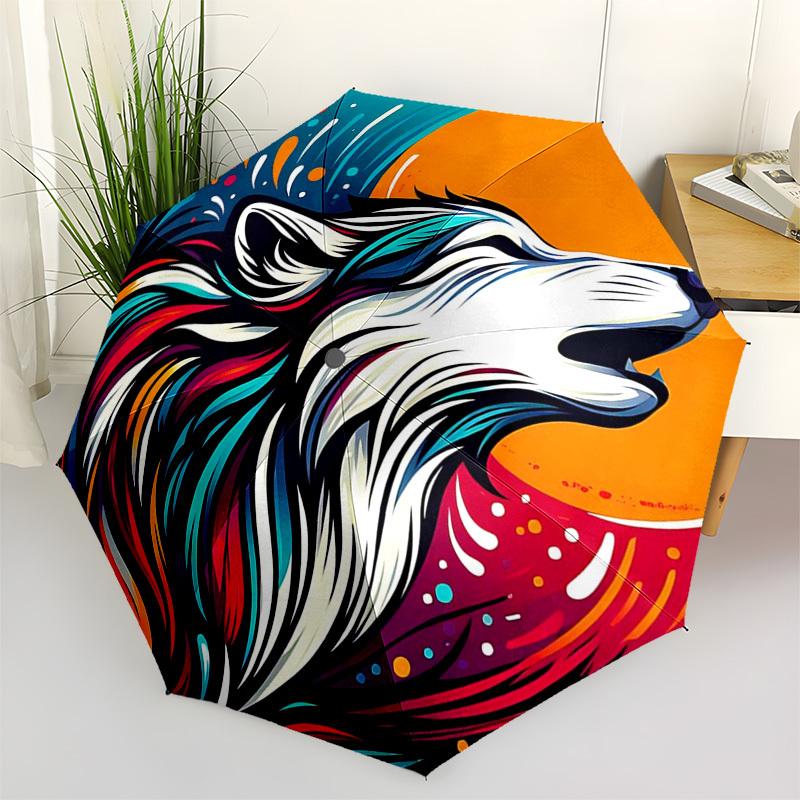 1pc Colorful Wolf Howling Moon Automatic Folding Umbrella - Portable 3-Fold Design, 8-Rib Iron Frame Outdoor Umbrella, Ideal Gift for Fans, Travelers,