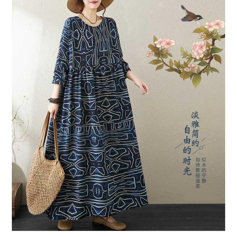 Round Neck Loose Plus Size Literary Vacation Plus Sleeve Dresses