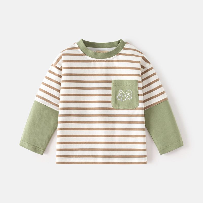 Spring and Autumn Kids Stripes Long Sleeve T-shirt Clothes Children's Clothing Baby Boy Squirrel Bottoming Shirt Boy Fake Two-Piece Tops