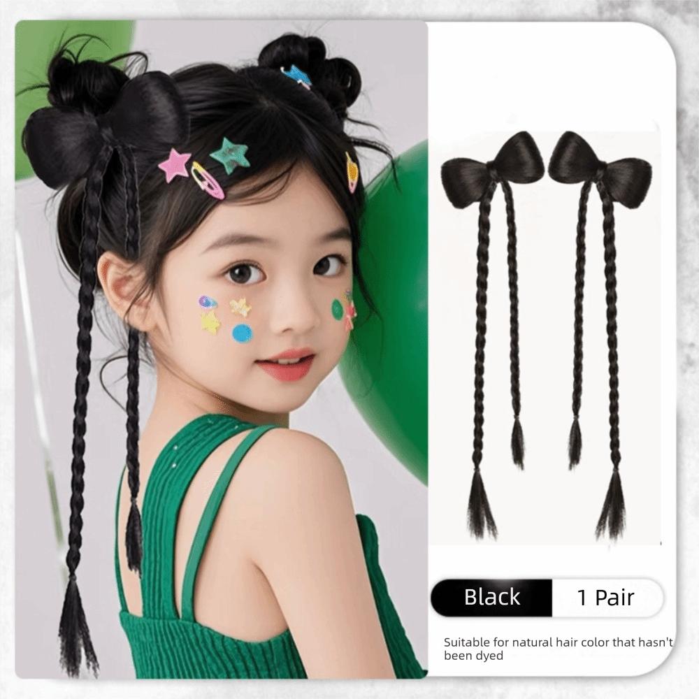 1 Pair Trendy Cute Children'S Wig Braid Bow Knot Sphere Head Hair Clip Double Ponytail Wig Fried Dough Twists Braid Female Use