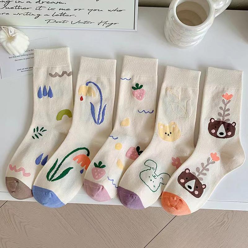 Cute Cartoon Print Women Cotton Socks Spring Autumn Soft Sweet Floral Middle Tube Sock JK Korean Harajuku Girls Socks Sokken