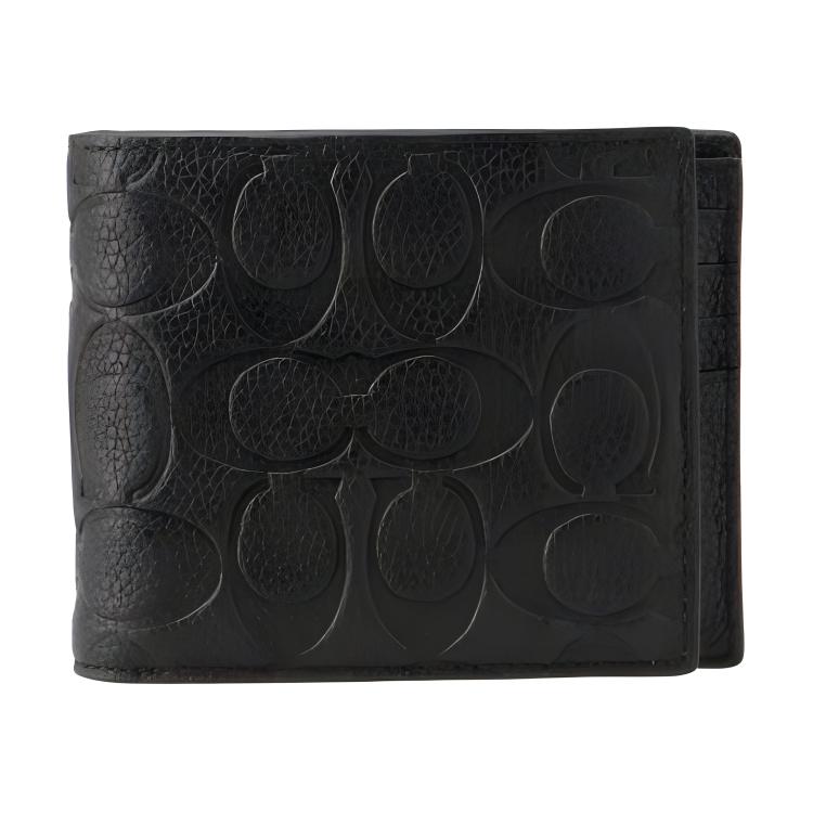 Coach 3 In 1 Wallet 11 Embossed Monogram Print Folded Short Solid Color Leather Wallet Card Holder Men Wallet Black C1231-BLK