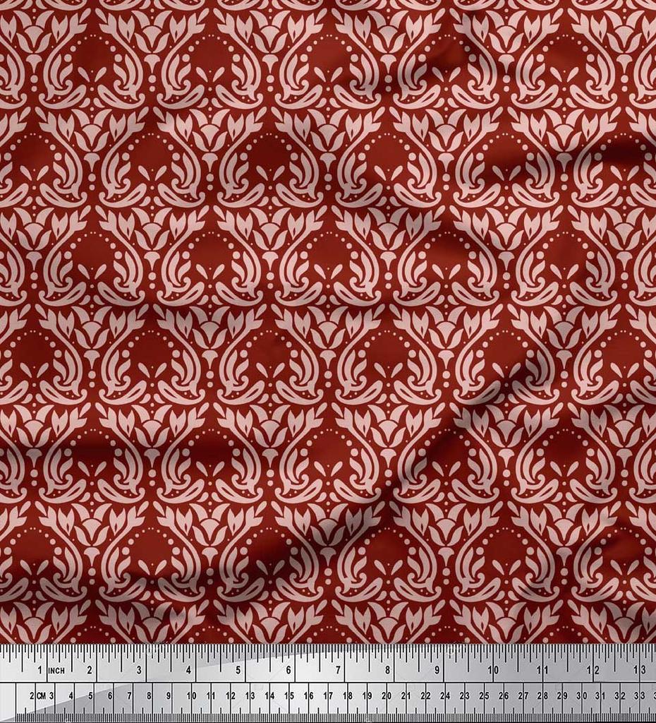 Soimoi Red Japan Crepe Satin Fabric Palmette Damask Decor Fabric Printed Metre 42 Inch