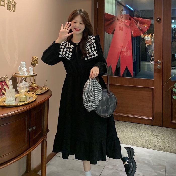 Women's Retro Hepburn Style Navy Collar A-Line Dress - Slim Fit for Autumn & Winter