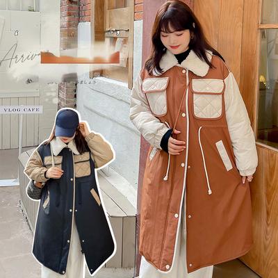 Plus Size Long Contrast Color Wide Wool Lapel Winter Jacket Windproof Outwear