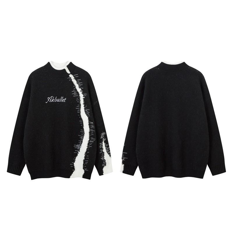 Unisex Oversized Streetwear Knit Sweater With Irregular Patchwork Embroidered Details Acrylic Blend Winter Warm Loose Fit