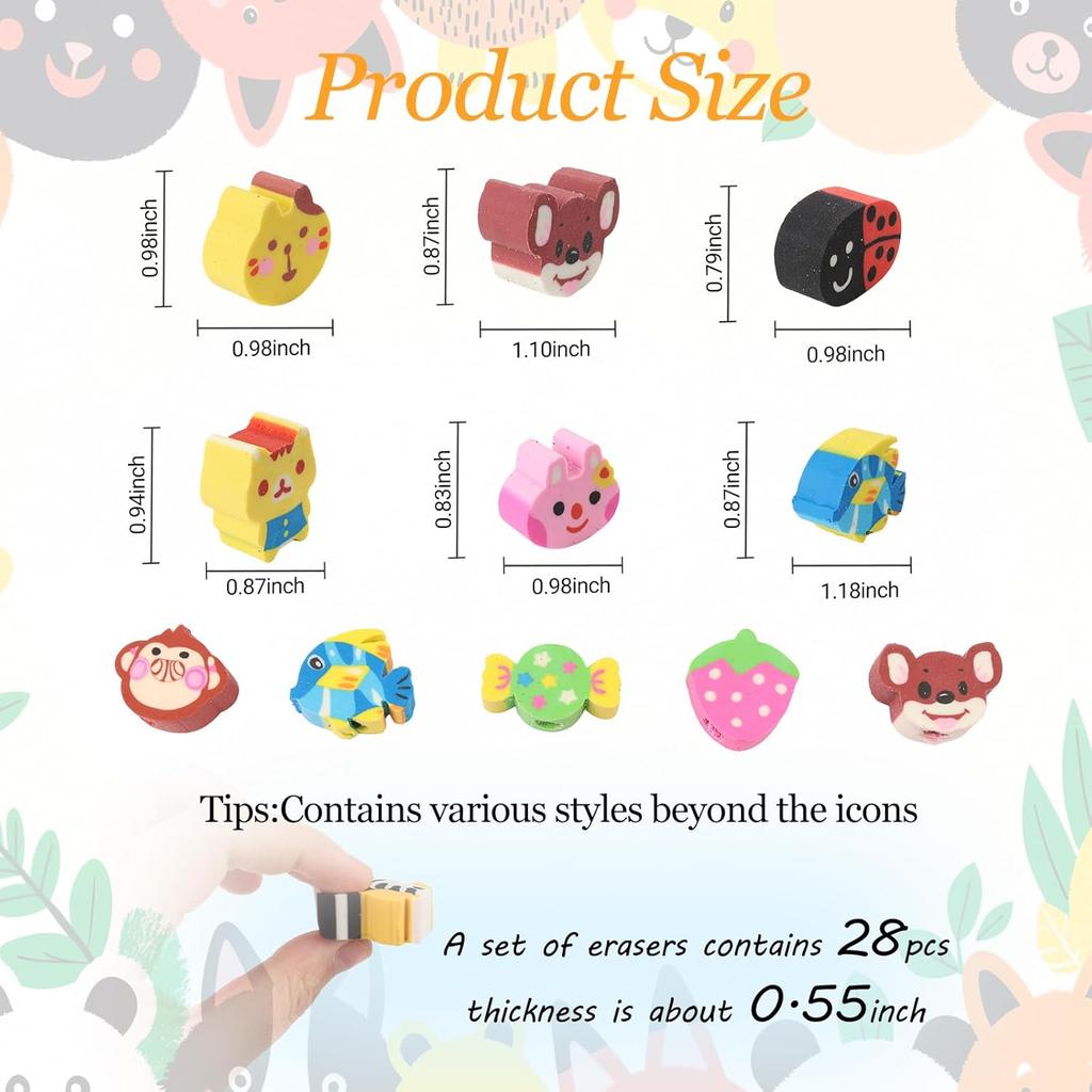 28Pcs Pencil Top Erasers for Kids Cute Randow Eraser Caps Pencil Top Erasers Bulk Erasers Toppers for School Party Favors Back to School Supplies