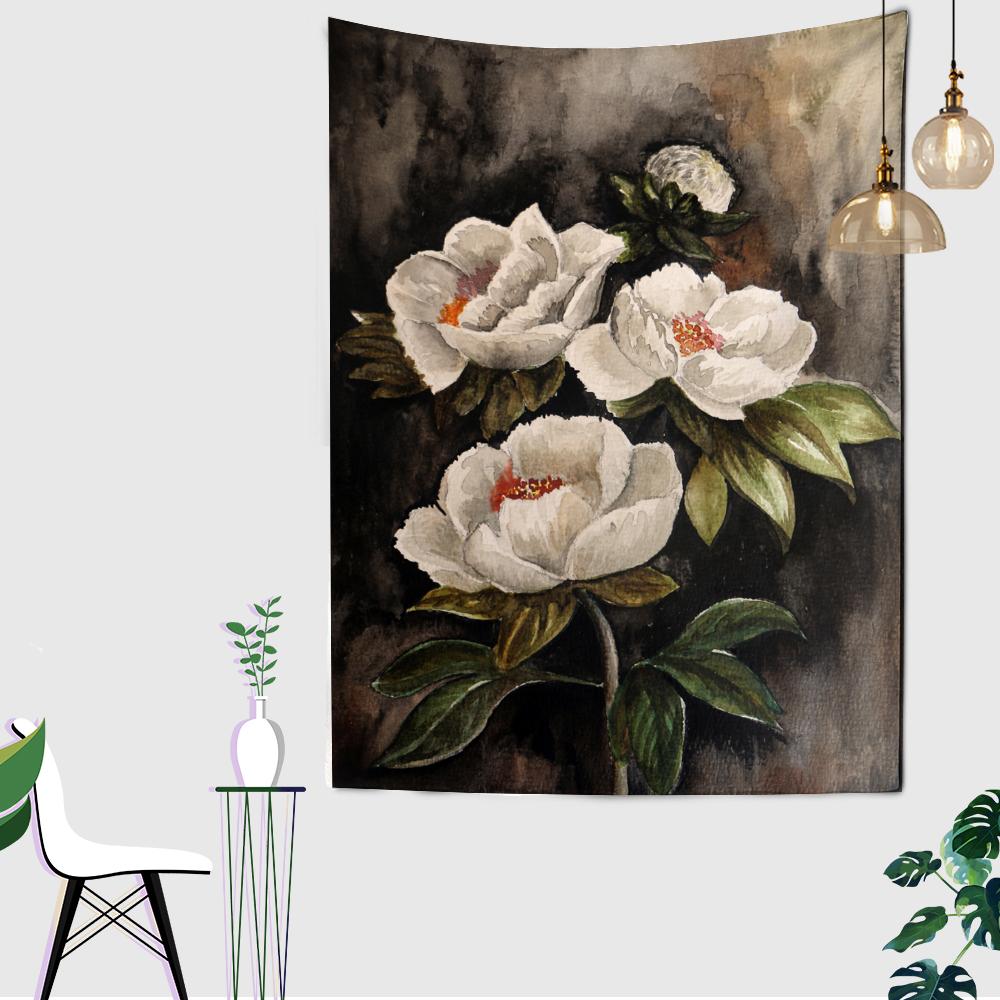 Elegante Arazzo da Parete con Fiori Bianchi Motivo Fiori ad Inchiostro Bohemien Psichedelico Hippie Decorazione per la Casa