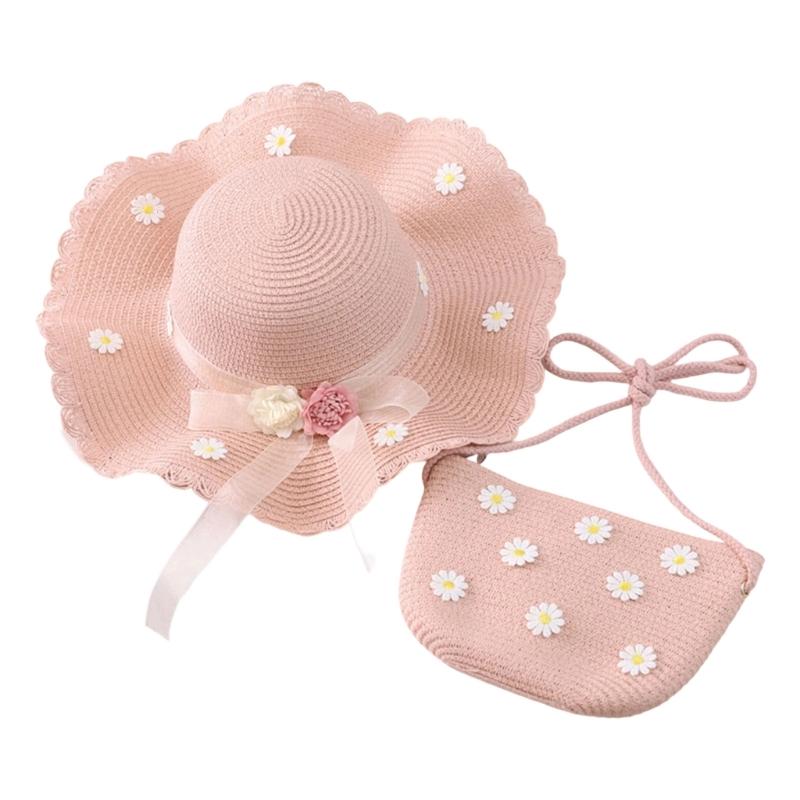

Toddler Girl Straw Hat and Bag Set with Flower Decors Wide Brims Sun Hat Foldable Design Hat for Beach Wear розовый
