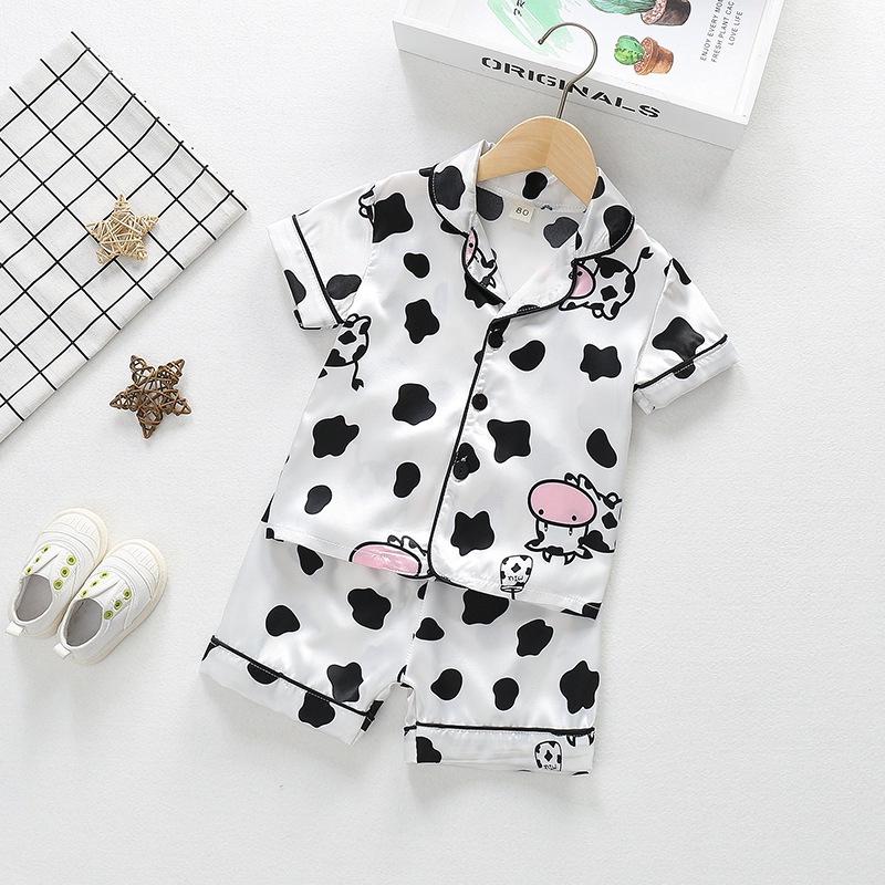 Kids Summer Ice Silk Cartoon Pajamas Short Sleeve Shorts Two Piece Set Baby Home Wear Outfit 80cm