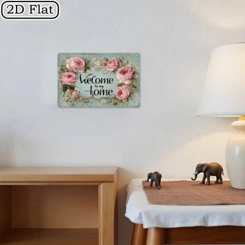 Vintage Welcome Sign, Rustic Floral Metal Wall Decor, Pink Roses Home Entry Art 12x8