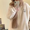 Winter Letter Pink Zippercoat Lamb Wool Keep Warm Mid-length Women Sweatshirt Embroidery Cute Biscuit Bear Fashion Lady Pullover