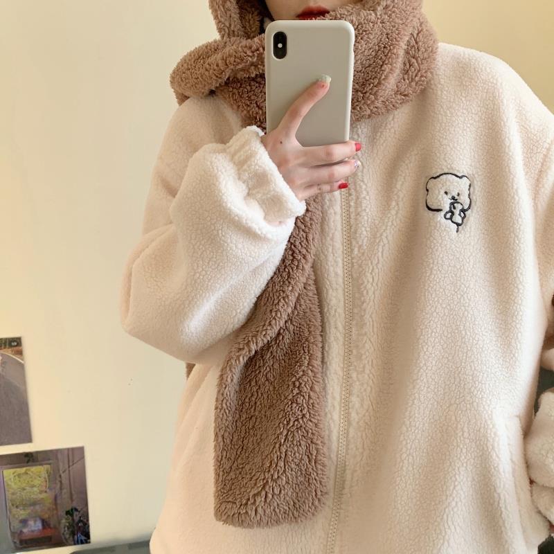 Winter Letter Pink Zippercoat Lamb Wool Keep Warm Mid-length Women Sweatshirt Embroidery Cute Biscuit Bear Fashion Lady Pullover