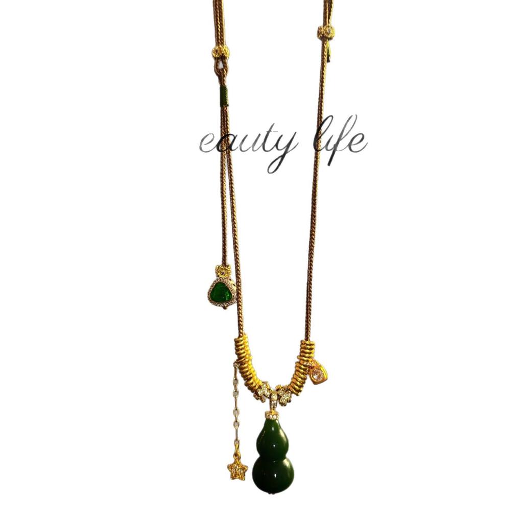Chinese Retro Buddha Jade Gourd Tassel Necklace for Women