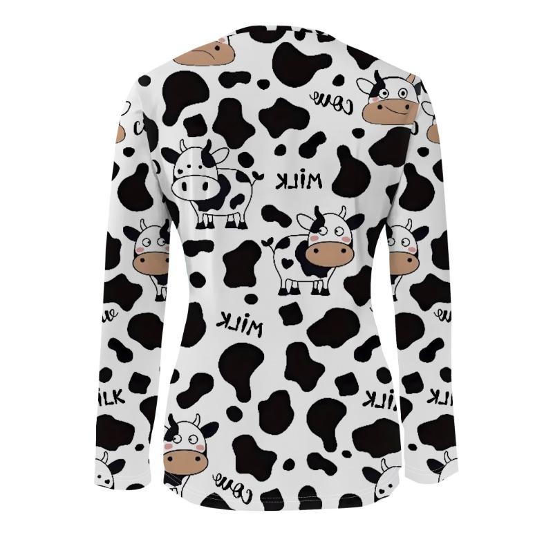 Full-body Cow Pattern Zipper T-shirt, Casual Long-sleeved Top, Suitable for Spring and Autumn, Suitable for Home and Outdoor Wear