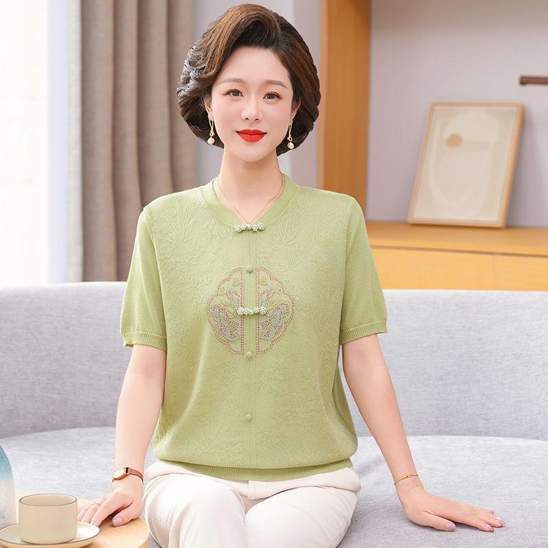 2026 New Chinese Style Ice Silk Short Sleeve Top for Middle-aged and Elderly Women
