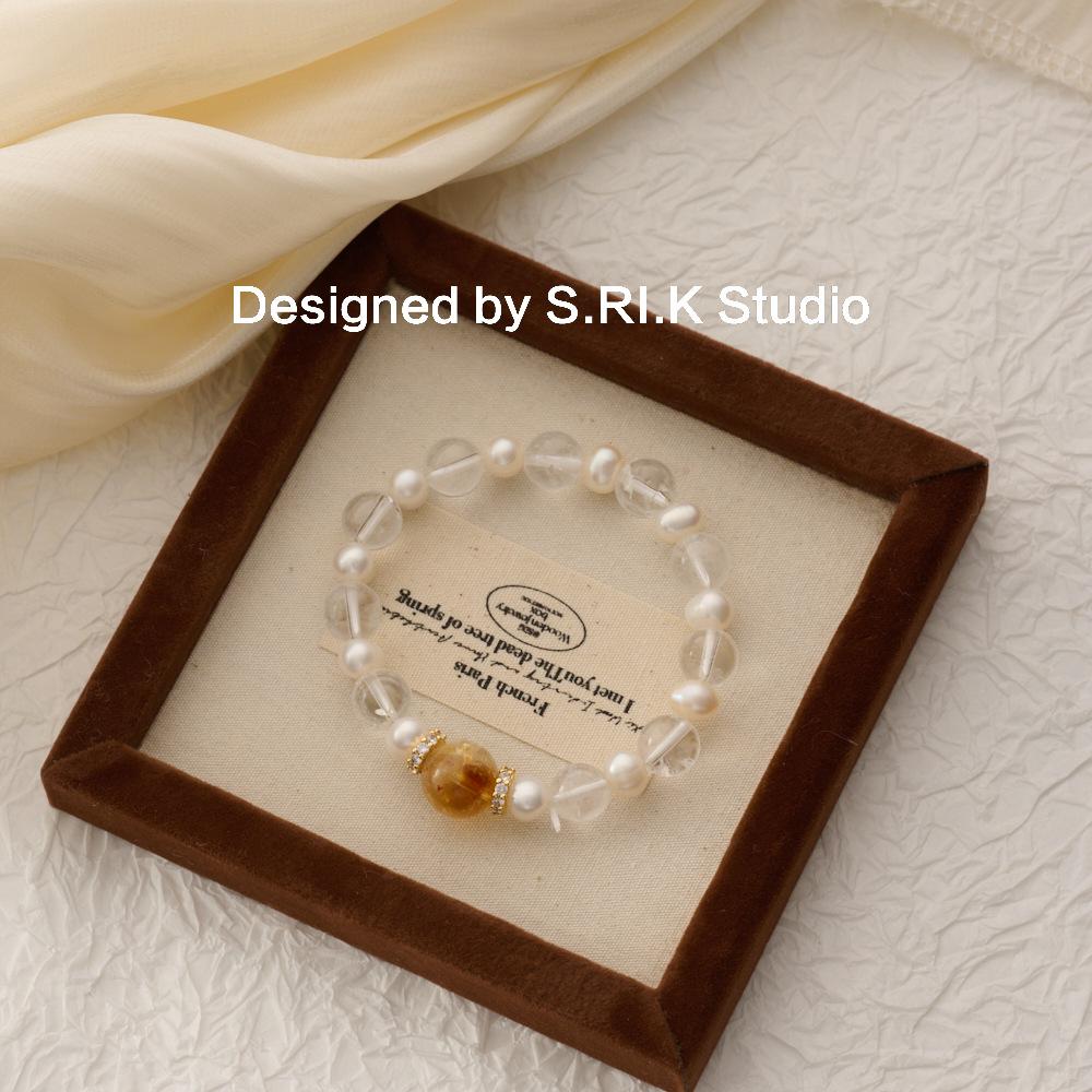Fortune from All Directions: Artistic Sweet Girl s Freshwater Pearl White Crystal Yellow Tower Crystal Bracelet Freshwater Pearl+Natural