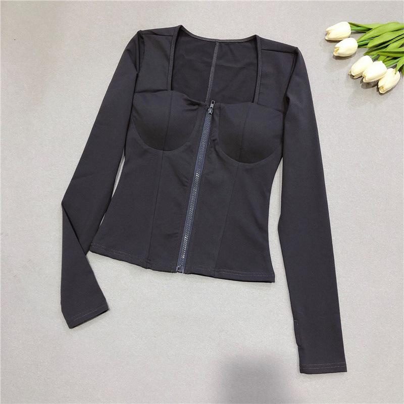 

Korean Style Women s Yoga Zipper Jacket with Chest Pad - High Elastic, Quick-Dry Long Sleeve for Autumn/Winter Fitness Small темно-сірий